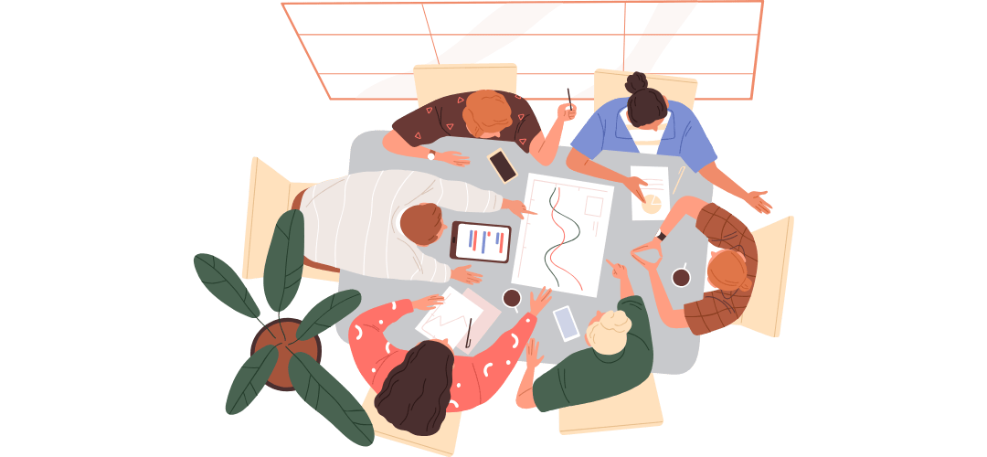 Illustration d'un groupe de personnes en réunion de travail avec un coach professionnel des secteurs médico-social et sanitaire